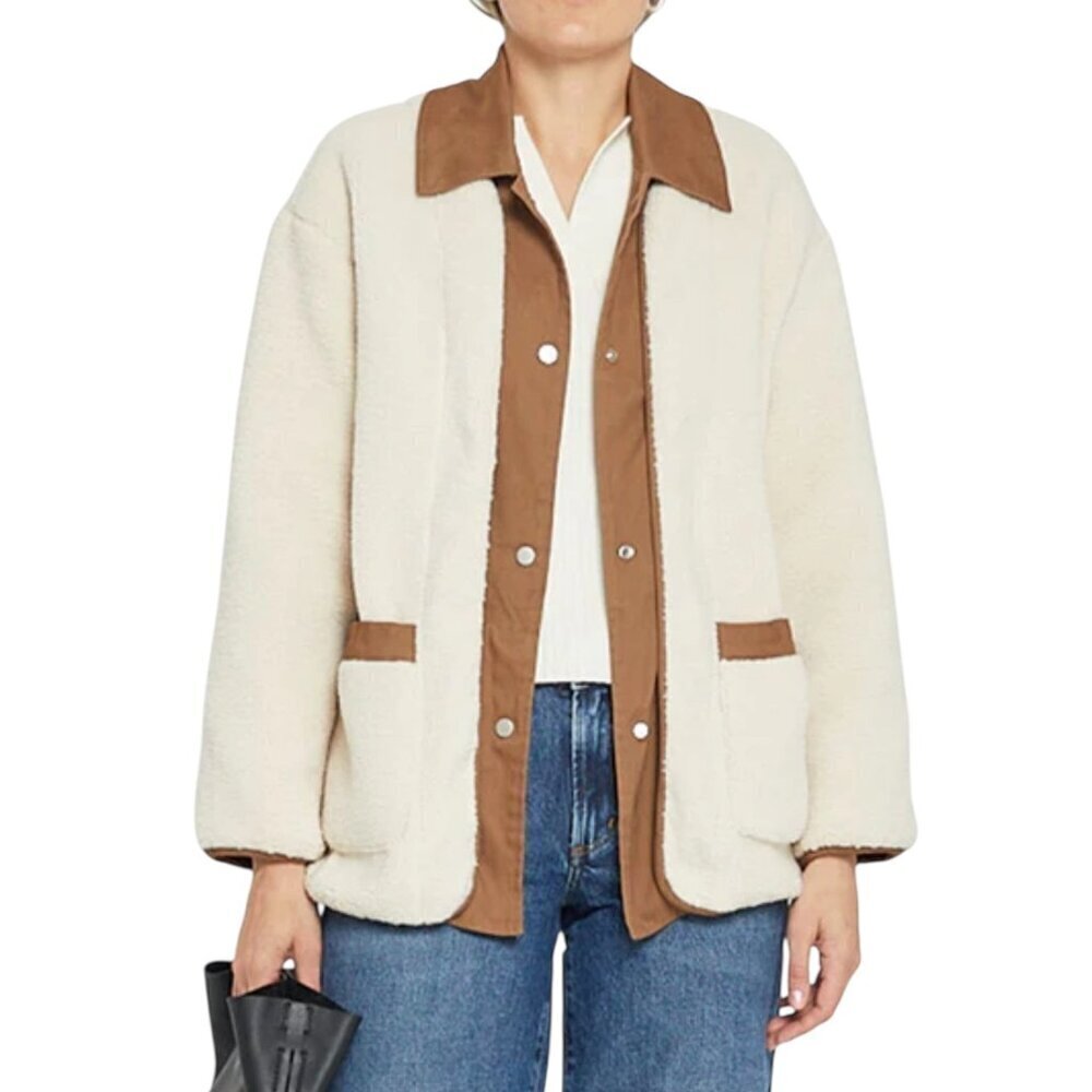 Caara Sherpa Fleece Contrast Jacket Brown Cream Size Large NWT